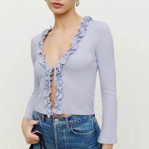REFORMATION - Gellar Ruffle Knit Top in Sky - Small